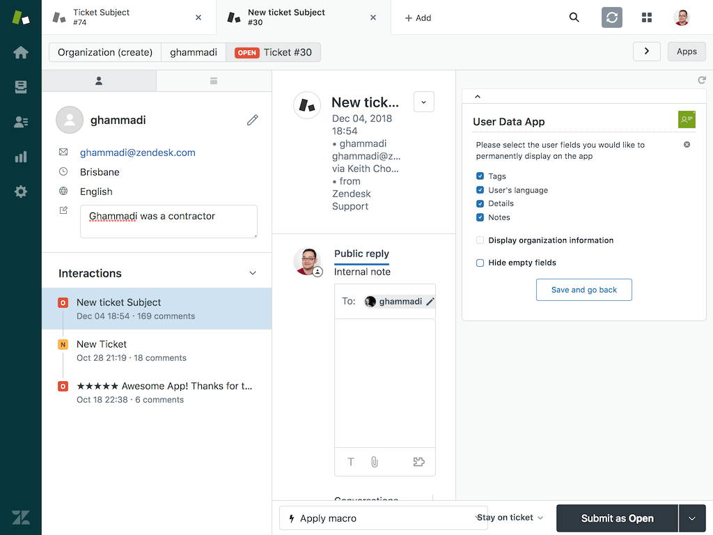 User Data dashboard view — Agent Productivity app on the Zendesk Marketplace