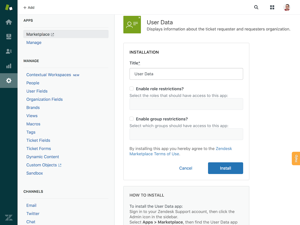 User Data feature detail — Agent Productivity app on the Zendesk Marketplace